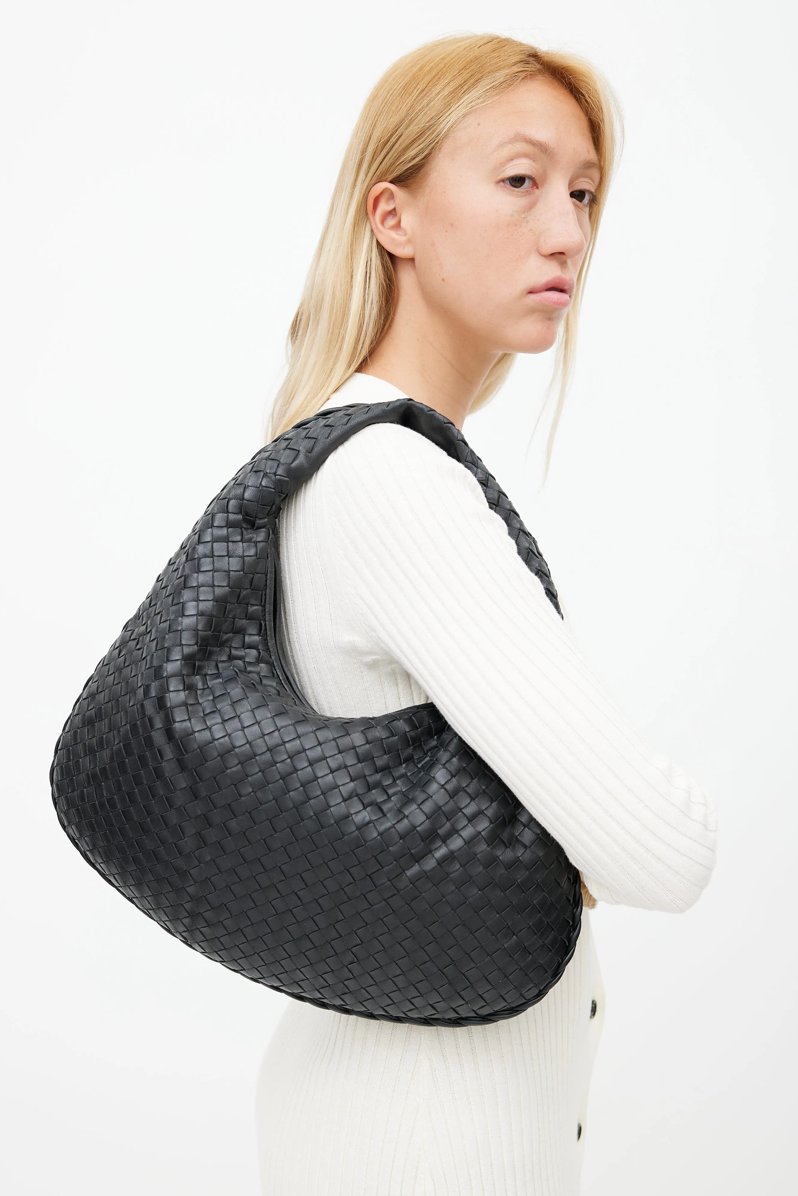 Black Intrecciato Woven Shoulder Bag