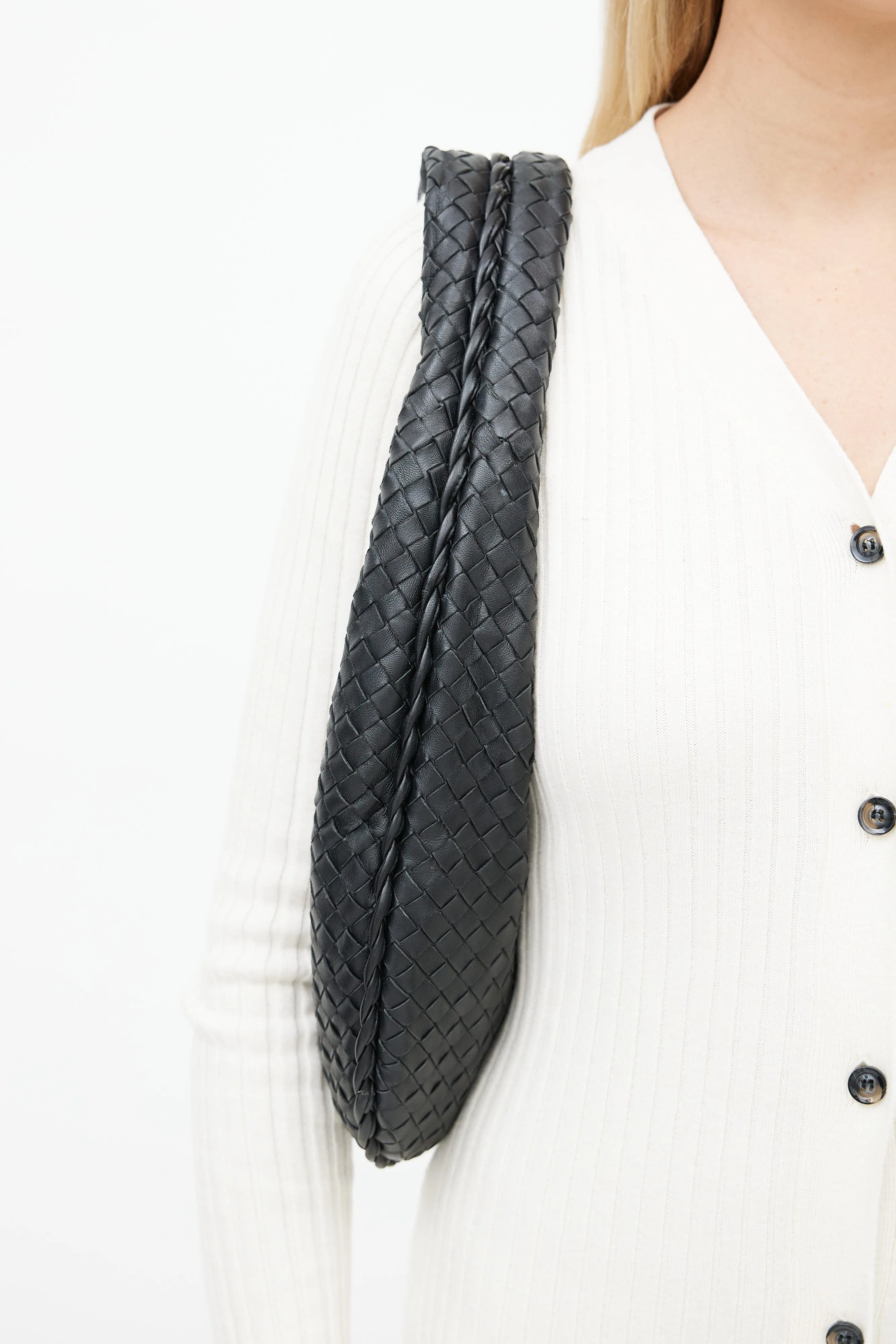 Black Intrecciato Woven Shoulder Bag