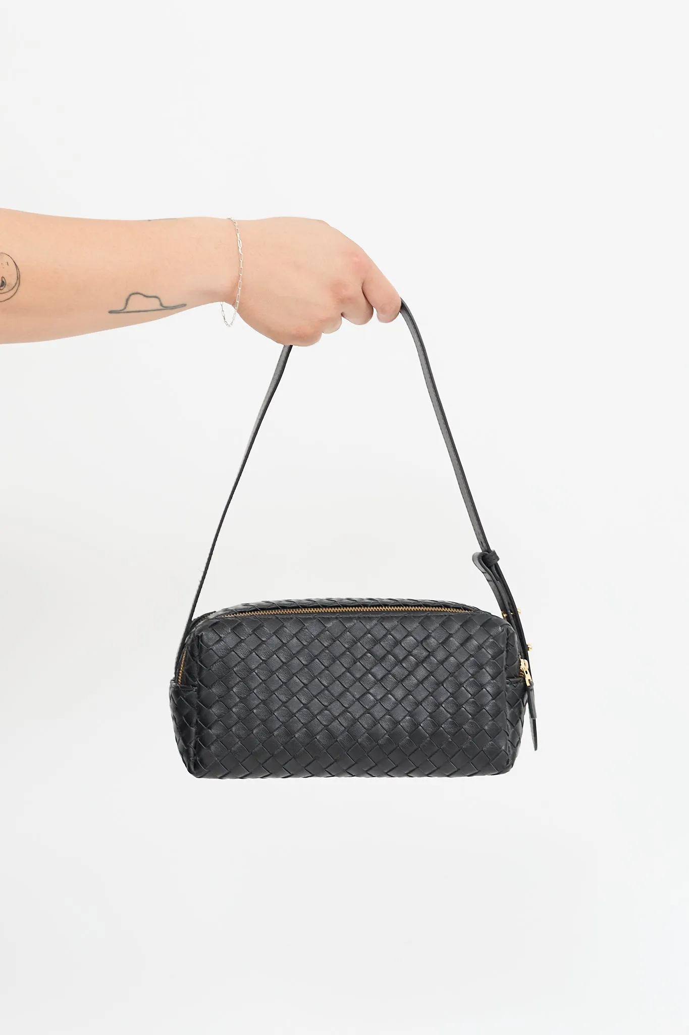 Black Woven Leather Trousse Bag