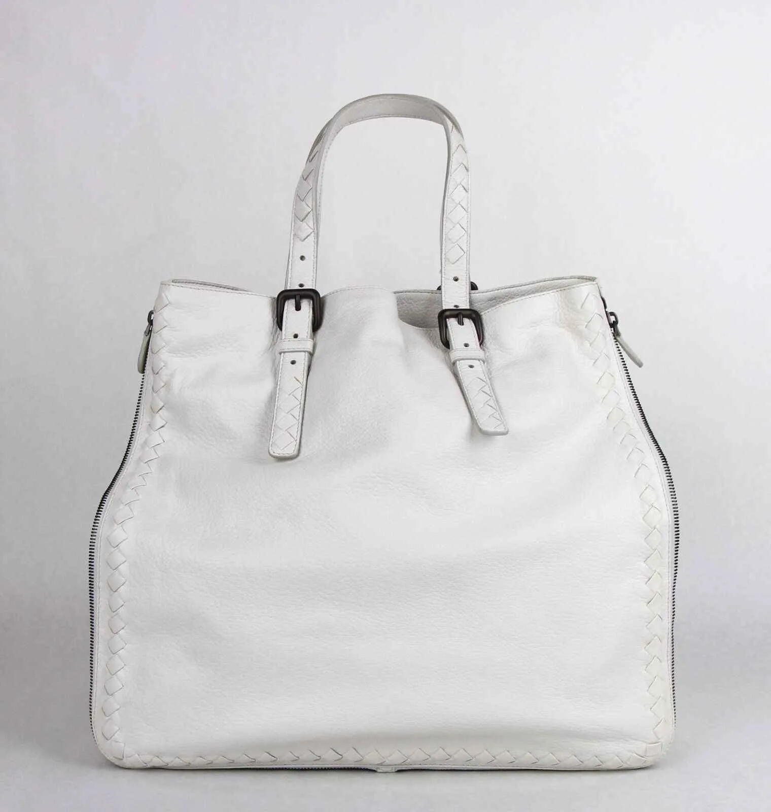 BOTTEGA VENETA Milk White Leather Zip Around Tote Bag Woven Detail