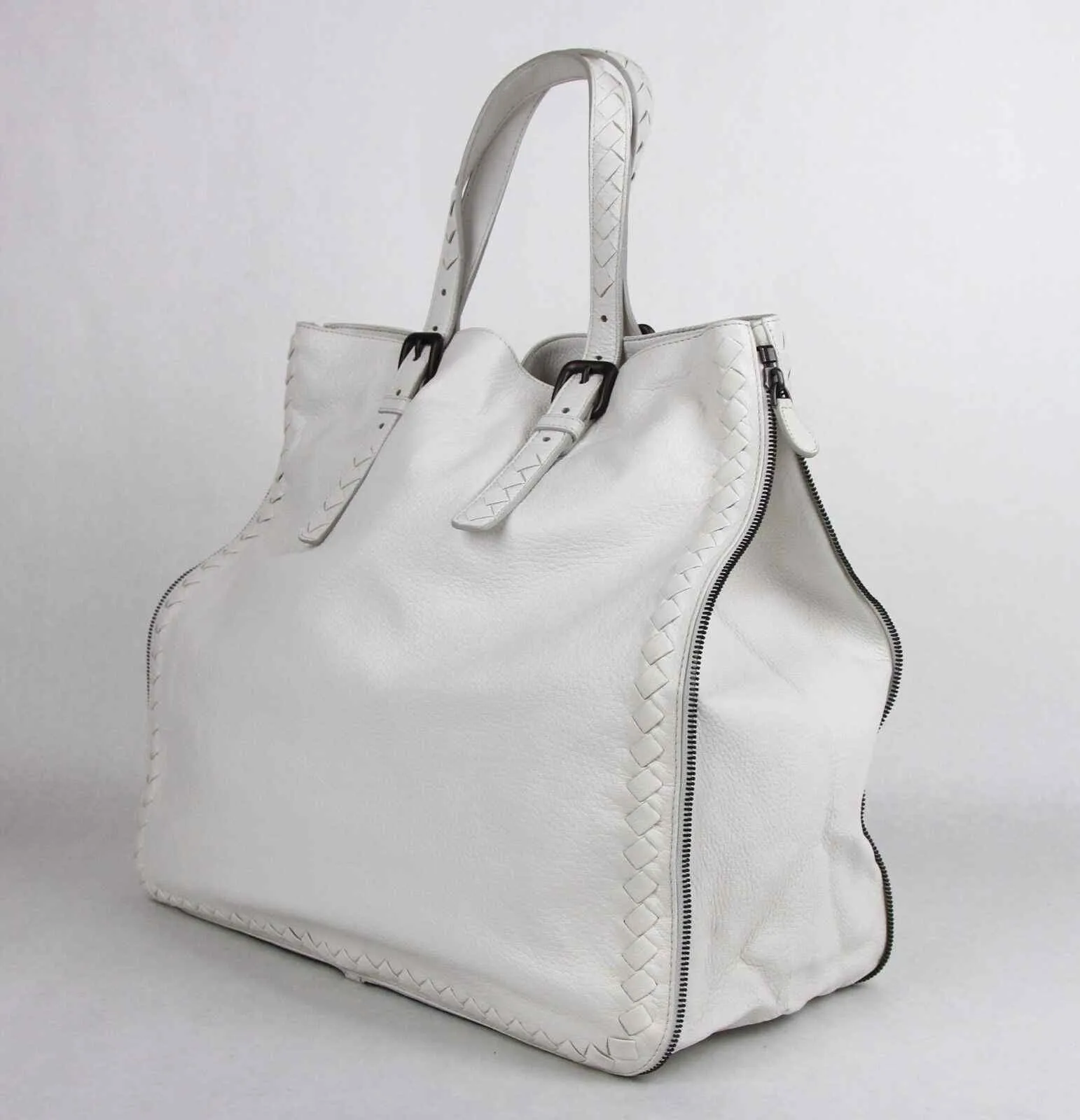 BOTTEGA VENETA Milk White Leather Zip Around Tote Bag Woven Detail