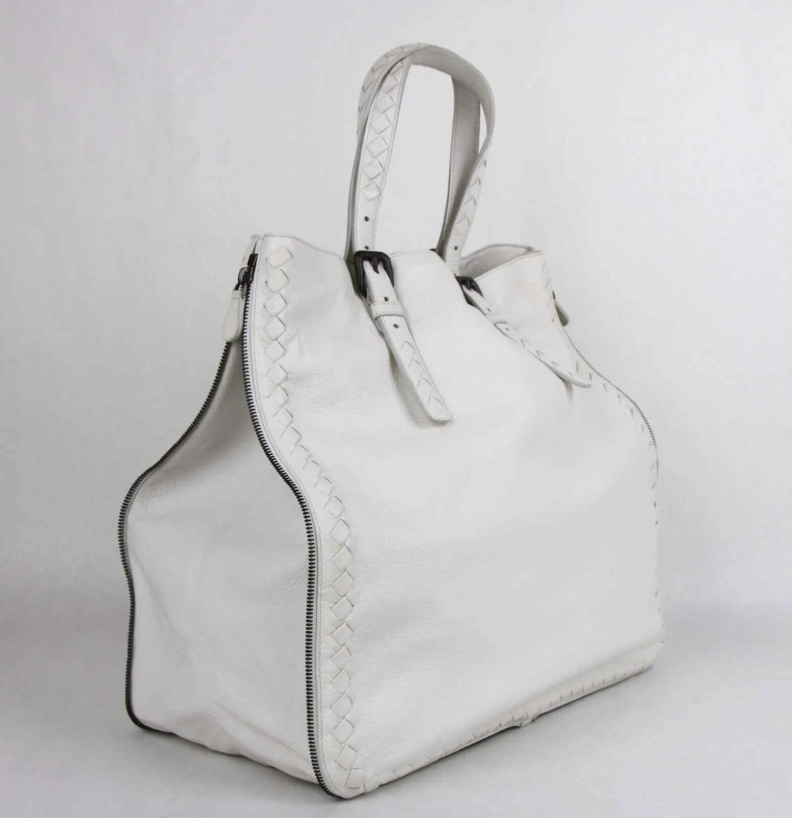 BOTTEGA VENETA Milk White Leather Zip Around Tote Bag Woven Detail