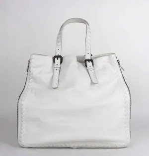 BOTTEGA VENETA Milk White Leather Zip Around Tote Bag Woven Detail