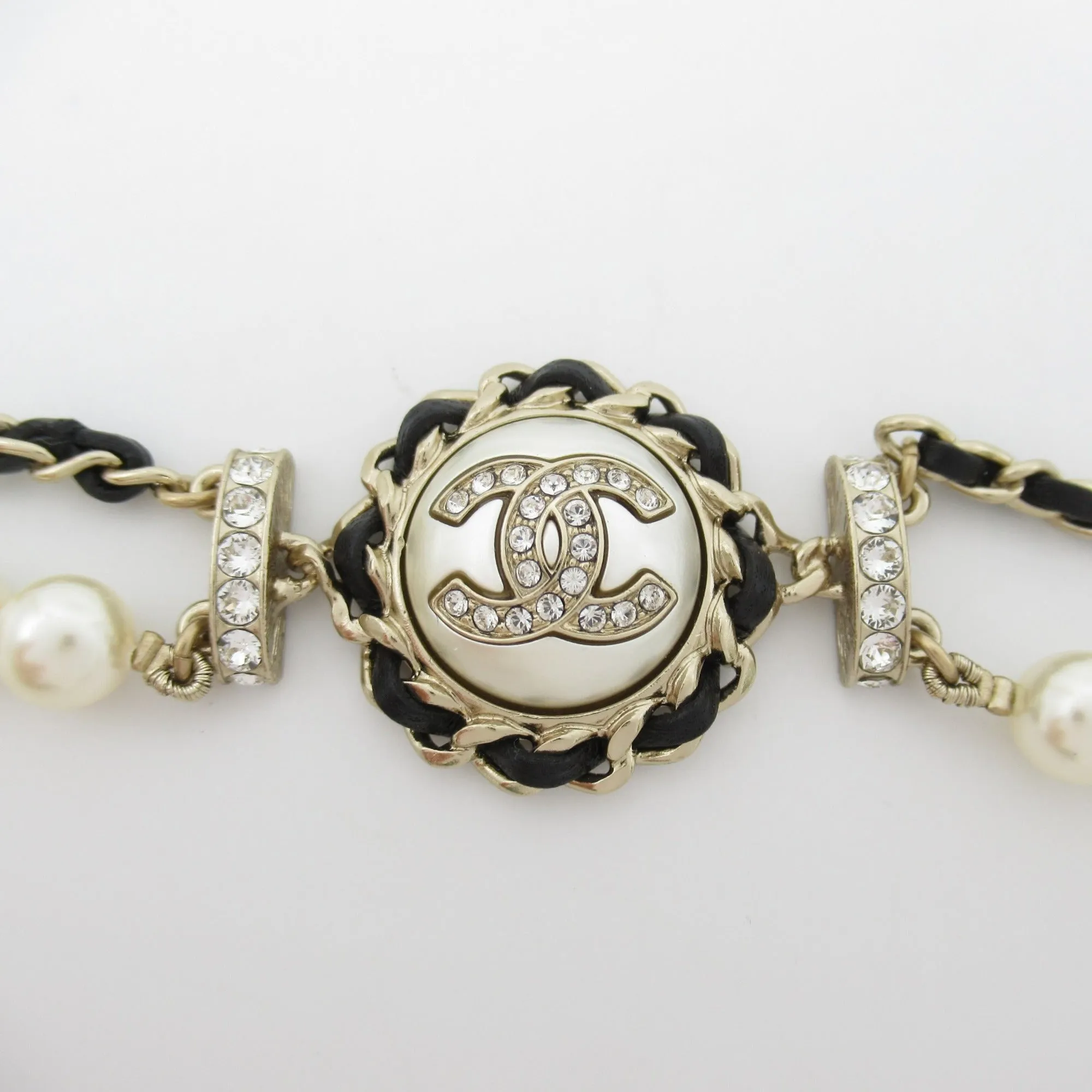 CHANEL Belt with pearls B21K Gold Black leather metal AB7084