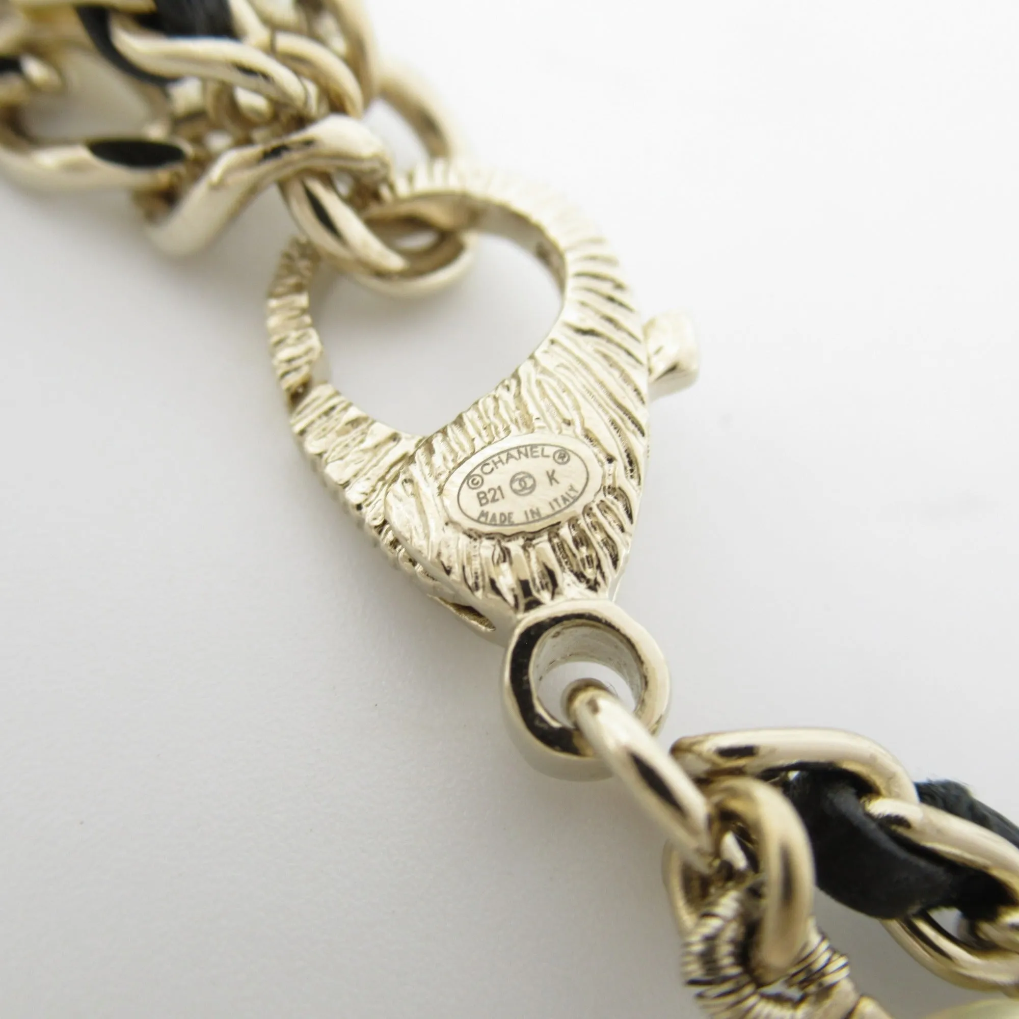 CHANEL Belt with pearls B21K Gold Black leather metal AB7084