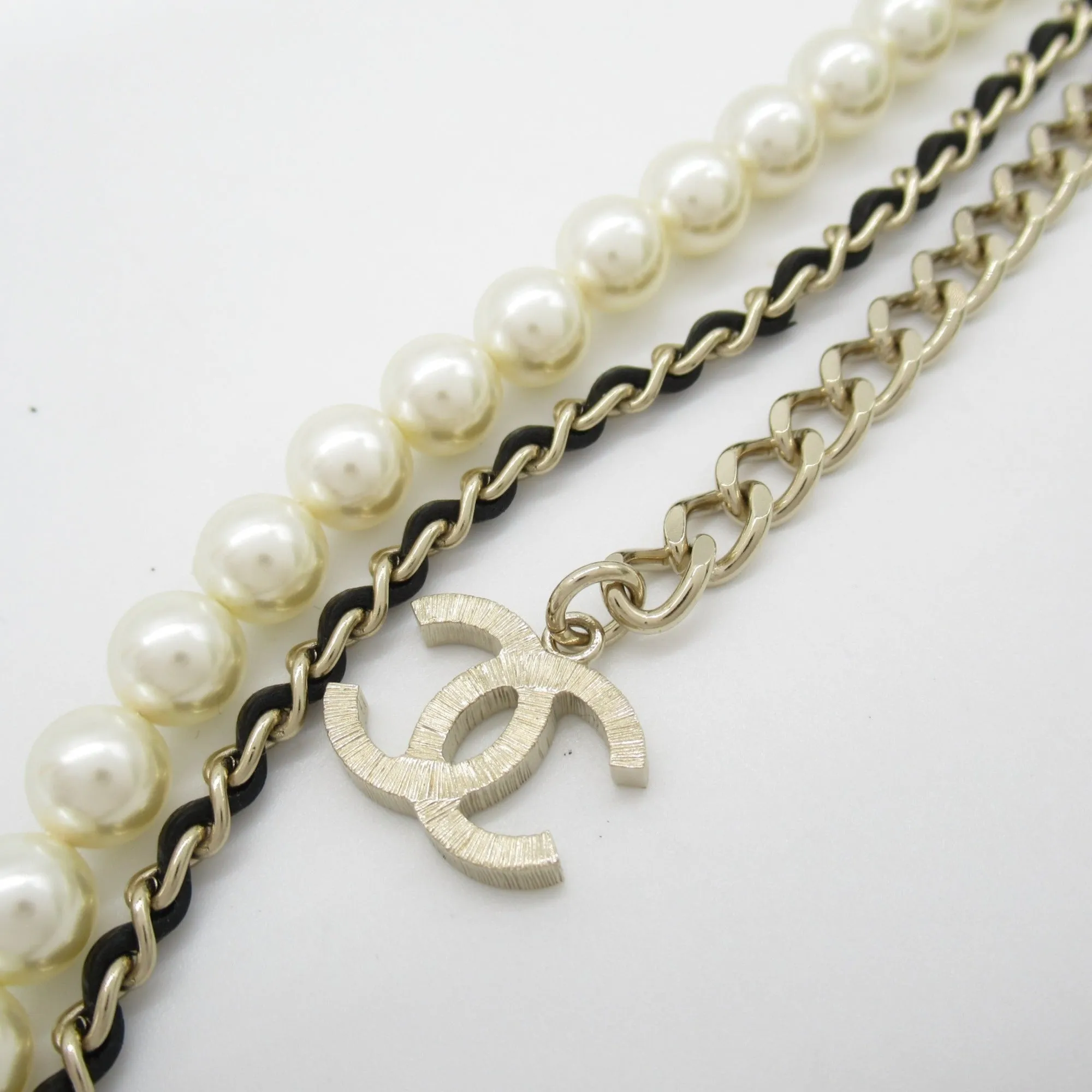 CHANEL Belt with pearls B21K Gold Black leather metal AB7084