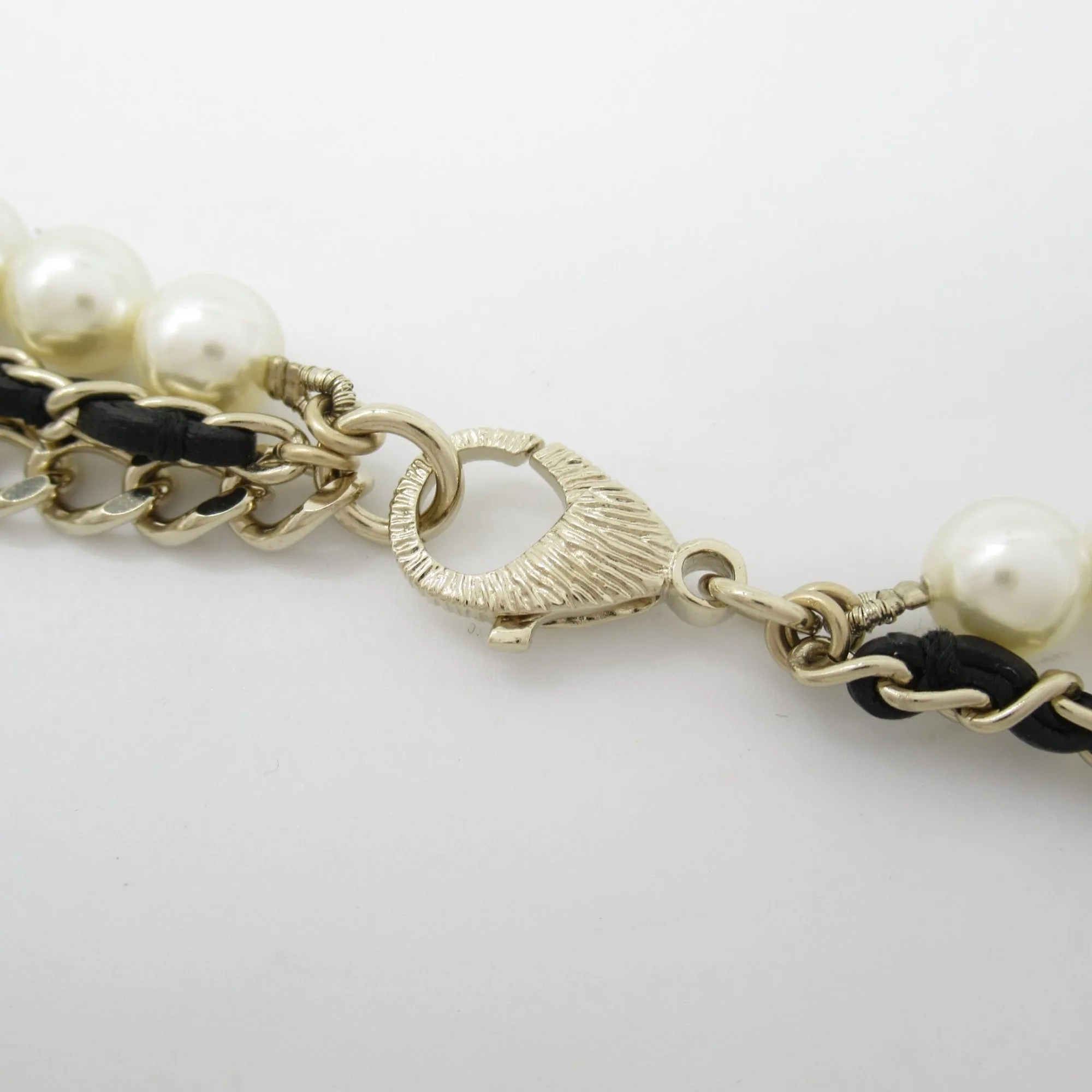 CHANEL Belt with pearls B21K Gold Black leather metal AB7084