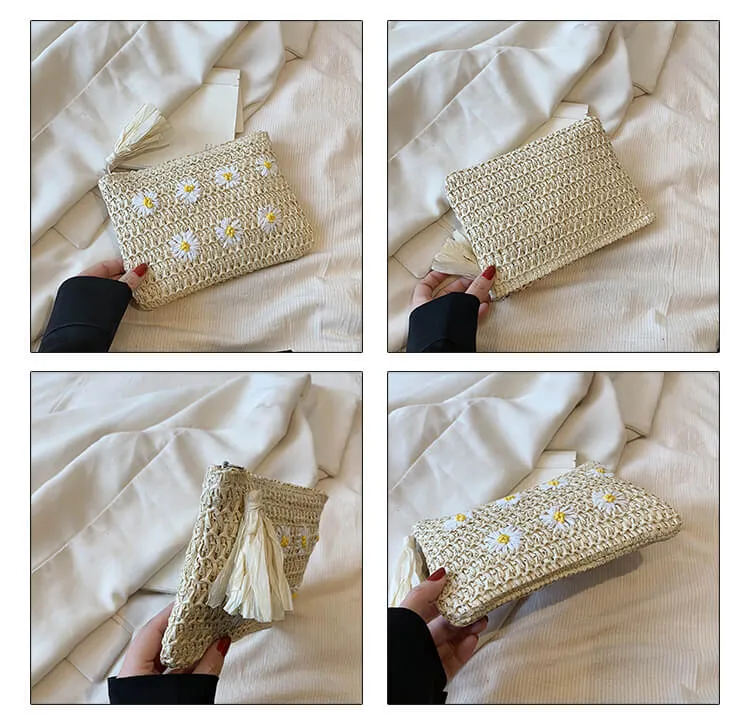 Designer Daisy White Straw Woven Clutch Bag-Showtown