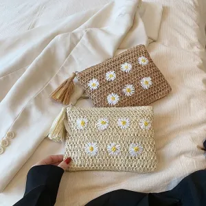 Designer Daisy White Straw Woven Clutch Bag-Showtown