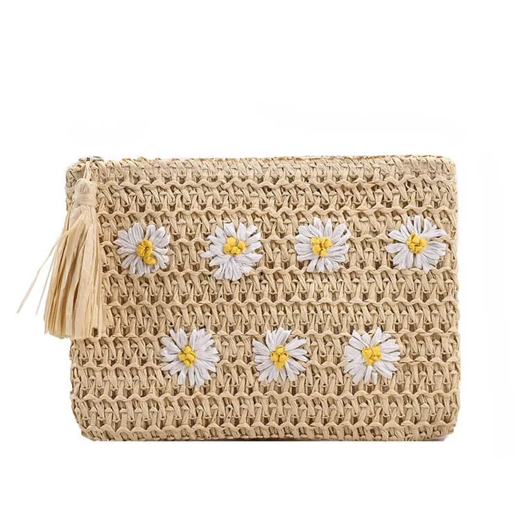 Designer Daisy White Straw Woven Clutch Bag-Showtown