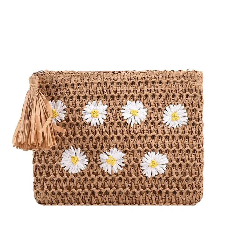 Designer Daisy White Straw Woven Clutch Bag-Showtown