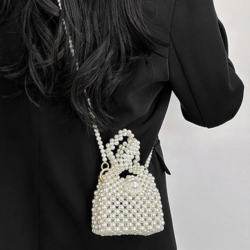 Elegant Pearl Bead Bucket Purse For Women White Mini Handbag