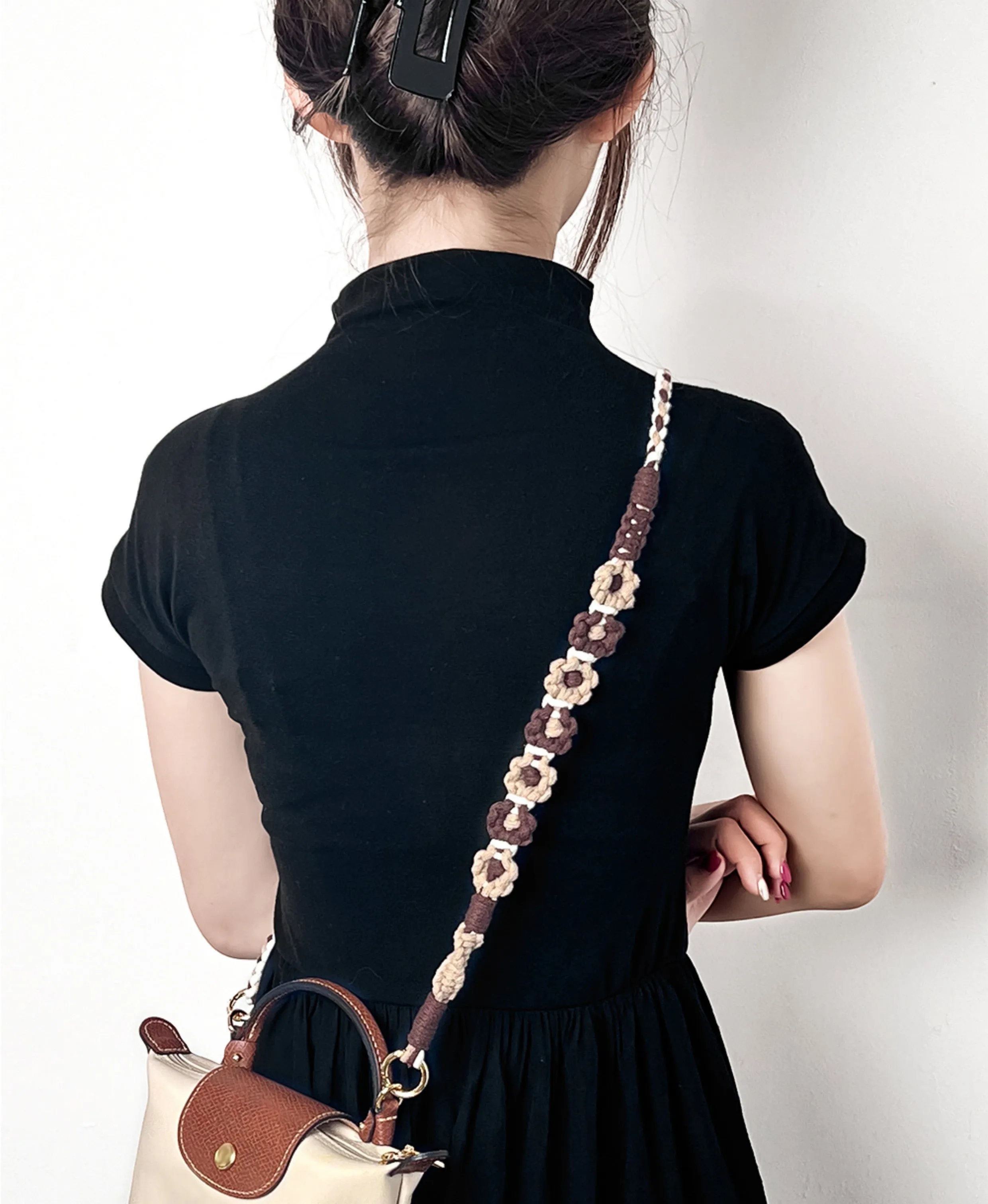 Flower woven shoulder strap, Le Pliage Original bag modified strap, woven style adjustable shoulder strap