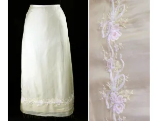 Size 10 Antique Silk Skirt - Wonderful Ivory Chiffon with Embroidered Flowers & Bows At Border Hem - 1900s Edwardian or 1800s Victorian