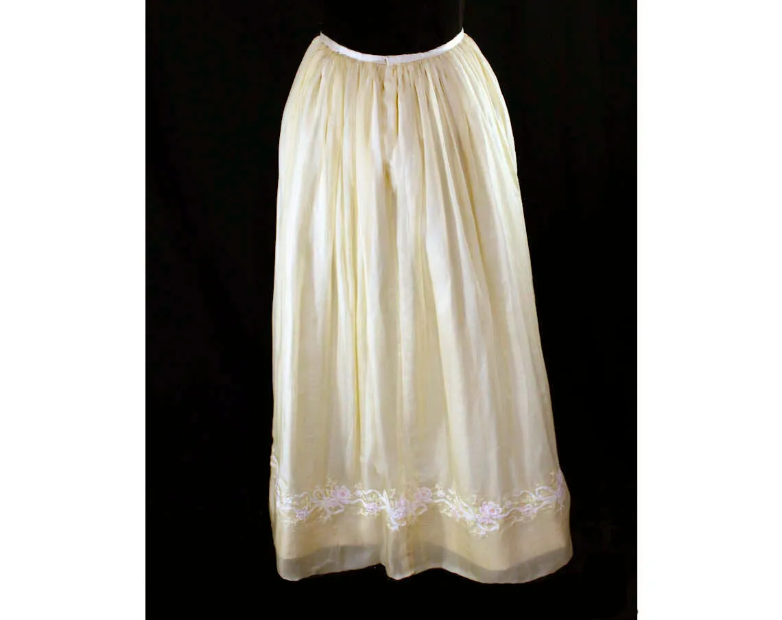 Size 10 Antique Silk Skirt - Wonderful Ivory Chiffon with Embroidered Flowers & Bows At Border Hem - 1900s Edwardian or 1800s Victorian