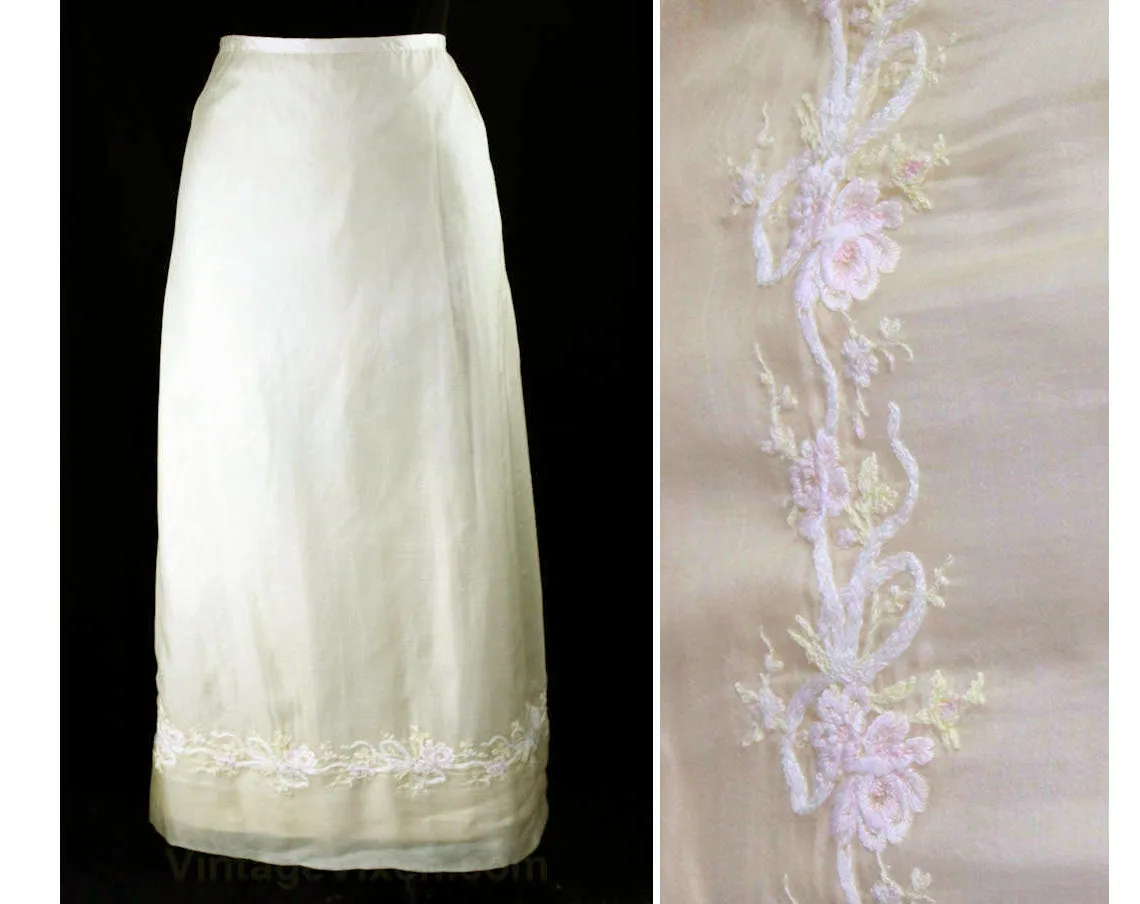 Size 10 Antique Silk Skirt - Wonderful Ivory Chiffon with Embroidered Flowers & Bows At Border Hem - 1900s Edwardian or 1800s Victorian
