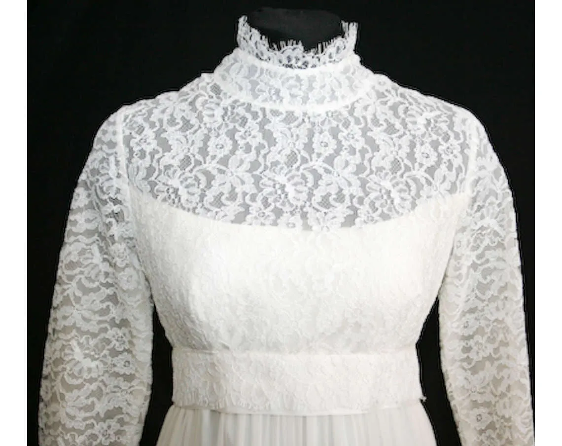 Size 10 Wedding Dress - Elegant White Chiffon & Lace Vintage Bridal Gown With Attached Train - 60s NWT - Bust 36 - Waist 28.5 - 31822-1