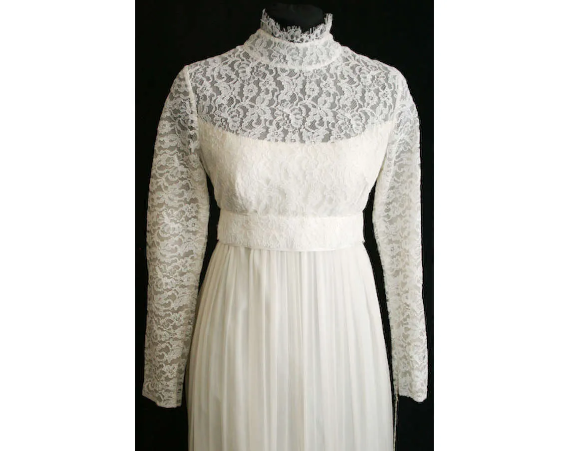 Size 10 Wedding Dress - Elegant White Chiffon & Lace Vintage Bridal Gown With Attached Train - 60s NWT - Bust 36 - Waist 28.5 - 31822-1