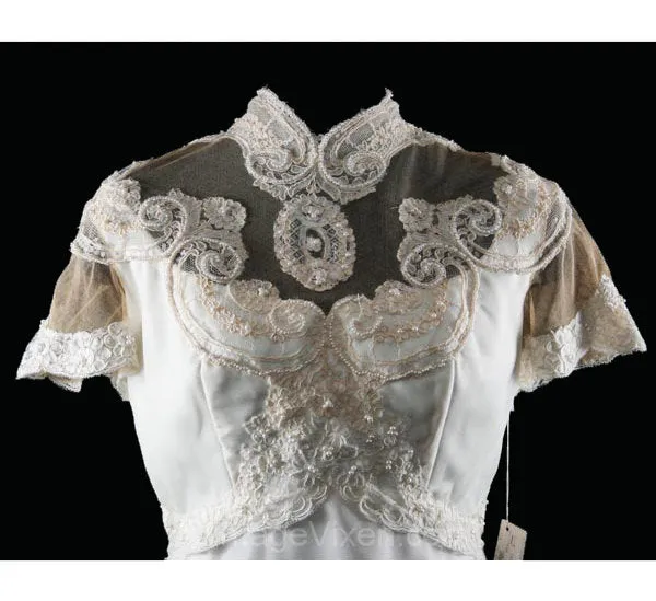Size 10 Wedding Dress - Gibson Girl Inspired Antique Style 60s Bridal Gown with Pearl-Rimmed Lace - Medium - Bust 37.5 - Waist 30 - 34159-1