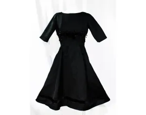 Size 12 1950s Cocktail Dress - Haute Quality Black Silk with Beaded Velvet Torso - Fit & Flare Full Skirt - Large Size 50s Glamor - Waist 30