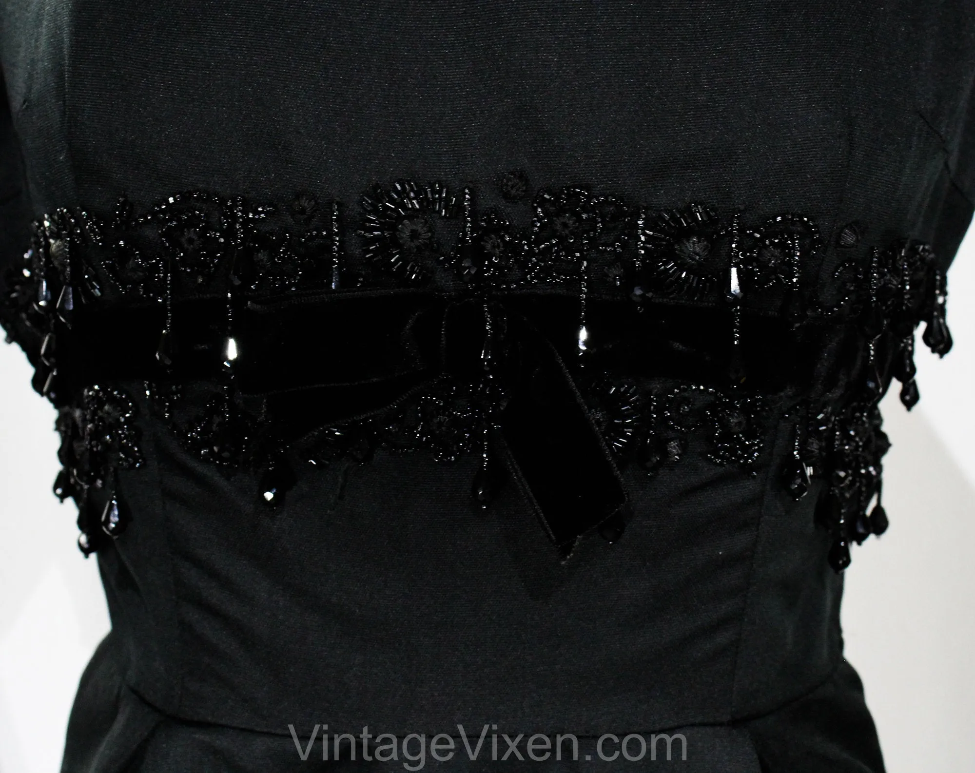 Size 12 1950s Cocktail Dress - Haute Quality Black Silk with Beaded Velvet Torso - Fit & Flare Full Skirt - Large Size 50s Glamor - Waist 30