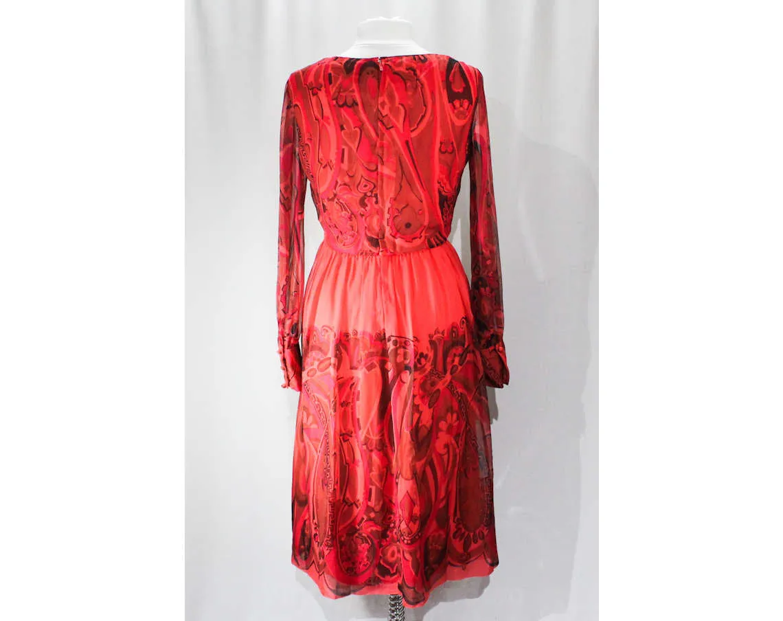 Size 12 Red Cocktail Dress - Beautiful Quality 1950s Paisley Novelty Border Print Chiffon - Bohemian Luxury - 50s Boho - Bust 39 Waist 31