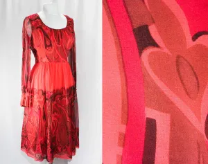 Size 12 Red Cocktail Dress - Beautiful Quality 1950s Paisley Novelty Border Print Chiffon - Bohemian Luxury - 50s Boho - Bust 39 Waist 31