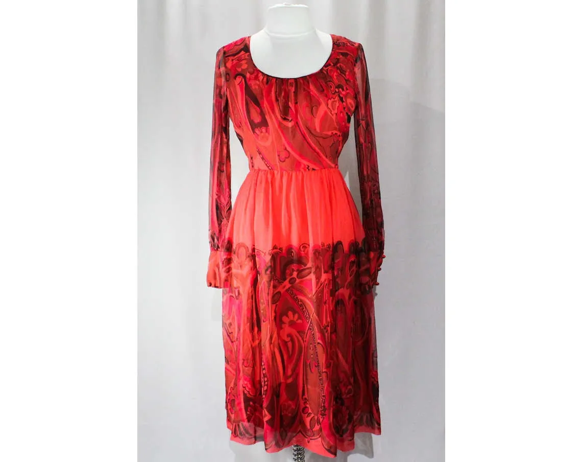 Size 12 Red Cocktail Dress - Beautiful Quality 1950s Paisley Novelty Border Print Chiffon - Bohemian Luxury - 50s Boho - Bust 39 Waist 31