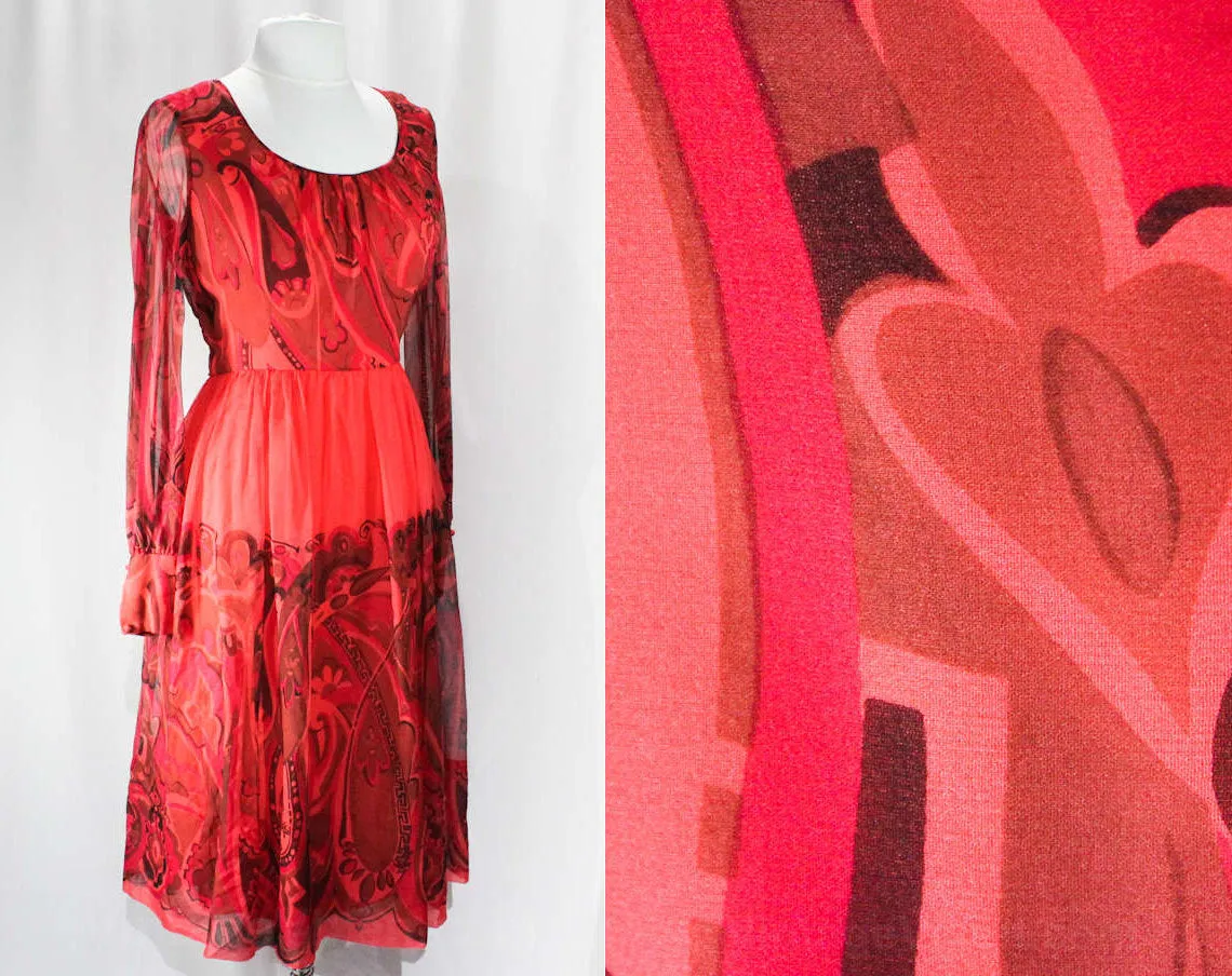 Size 12 Red Cocktail Dress - Beautiful Quality 1950s Paisley Novelty Border Print Chiffon - Bohemian Luxury - 50s Boho - Bust 39 Waist 31