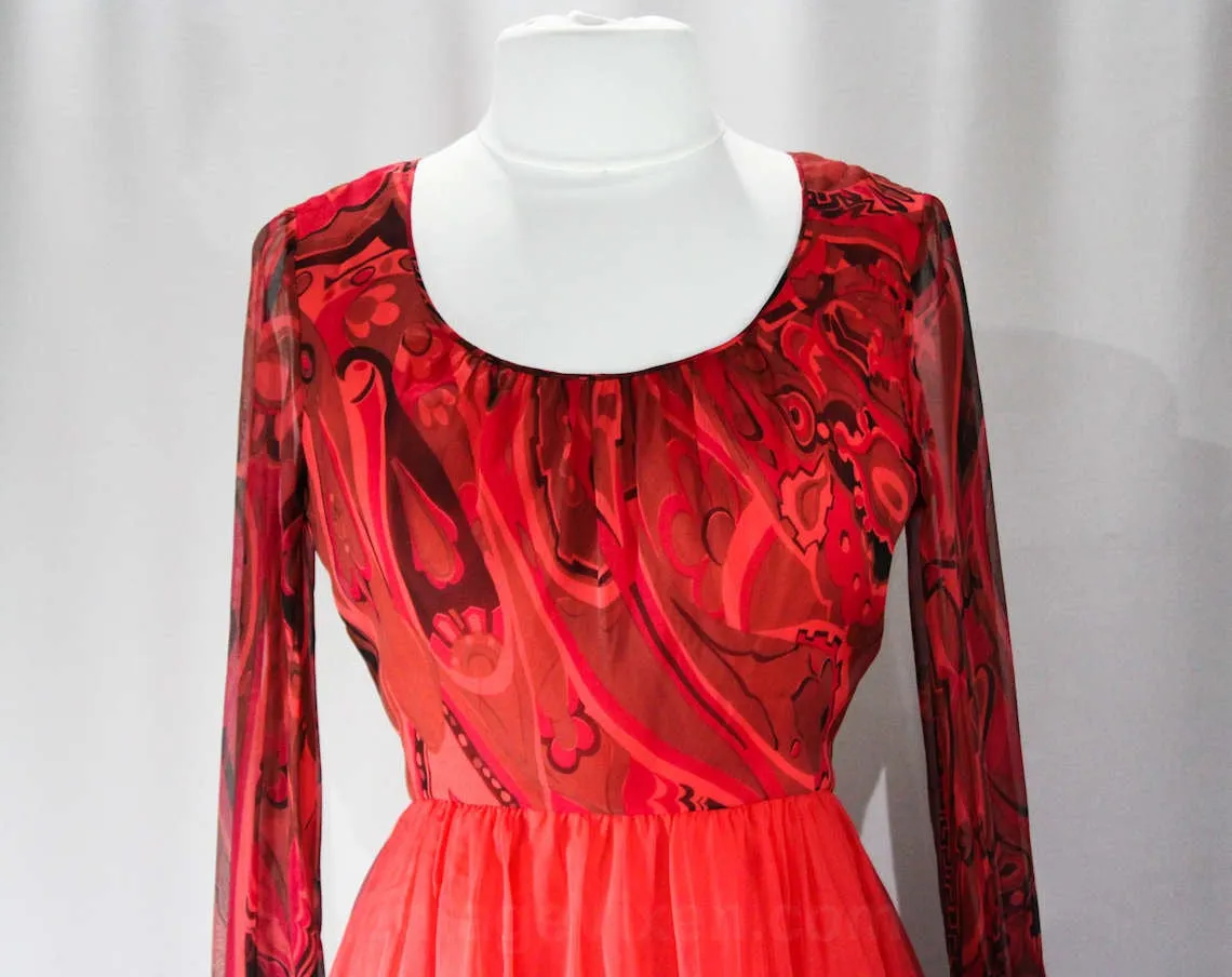 Size 12 Red Cocktail Dress - Beautiful Quality 1950s Paisley Novelty Border Print Chiffon - Bohemian Luxury - 50s Boho - Bust 39 Waist 31