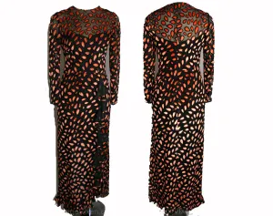 Size 2 Orange & Black Cut Velvet Evening Gown by Countess Alexander - Designer - Paisley Formal Dress - Long Sleeved - Bust 34 - 31637