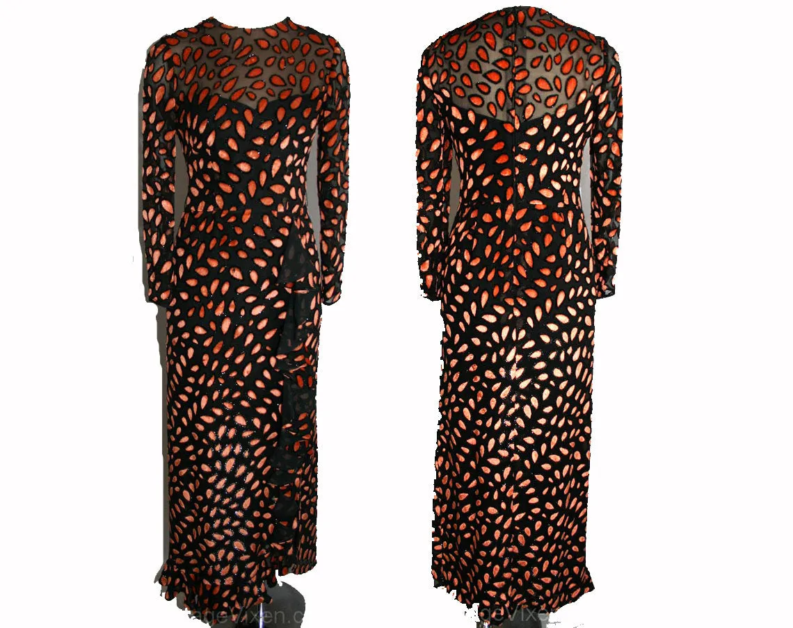 Size 2 Orange & Black Cut Velvet Evening Gown by Countess Alexander - Designer - Paisley Formal Dress - Long Sleeved - Bust 34 - 31637