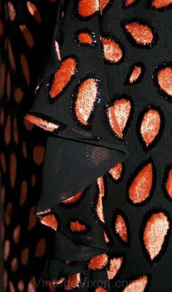 Size 2 Orange & Black Cut Velvet Evening Gown by Countess Alexander - Designer - Paisley Formal Dress - Long Sleeved - Bust 34 - 31637