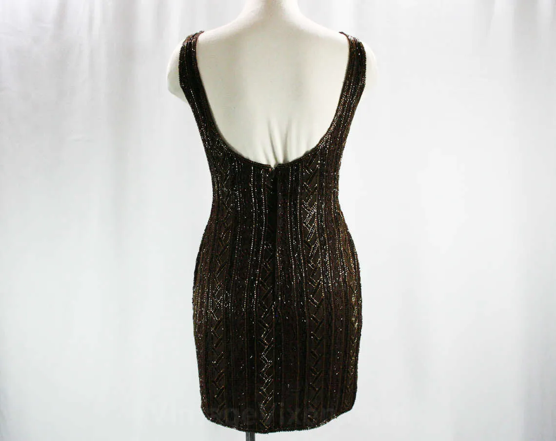Size 4 Cocktail - Glam Beaded Mini Dress - 1990s Scala Label - Brown Silk Chiffon - Homecoming - Flapper Look - Small Cocktail Dress - 42156