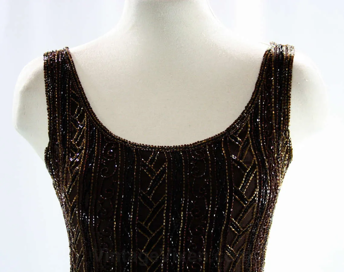 Size 4 Cocktail - Glam Beaded Mini Dress - 1990s Scala Label - Brown Silk Chiffon - Homecoming - Flapper Look - Small Cocktail Dress - 42156