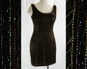 Size 4 Cocktail - Glam Beaded Mini Dress - 1990s Scala Label - Brown Silk Chiffon - Homecoming - Flapper Look - Small Cocktail Dress - 42156