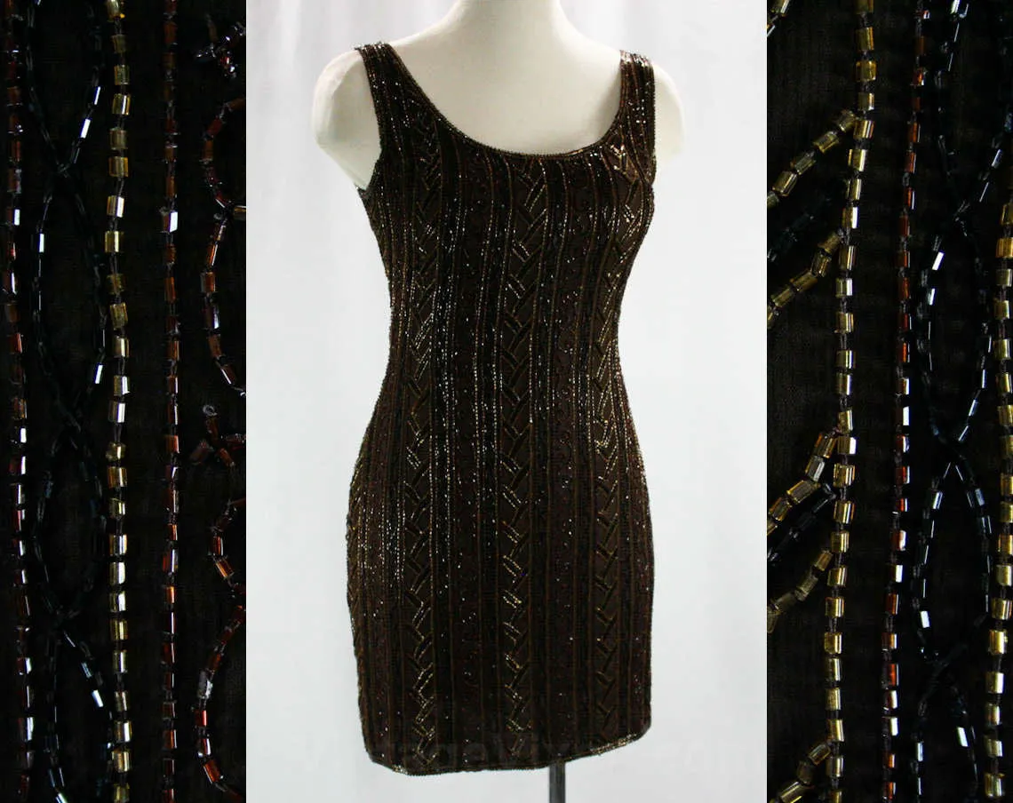 Size 4 Cocktail - Glam Beaded Mini Dress - 1990s Scala Label - Brown Silk Chiffon - Homecoming - Flapper Look - Small Cocktail Dress - 42156