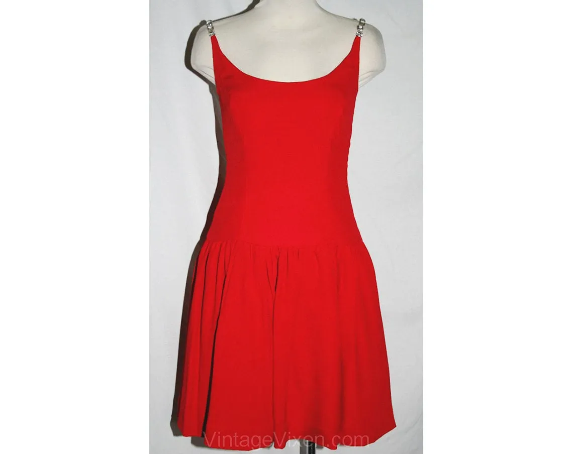 Size 4 Red Crepe Cocktail Dress with Rhinestone Straps - 1920s Look - Flapper Style - Designer Victor Costa - 1980s Design - Bust 34 - 33581