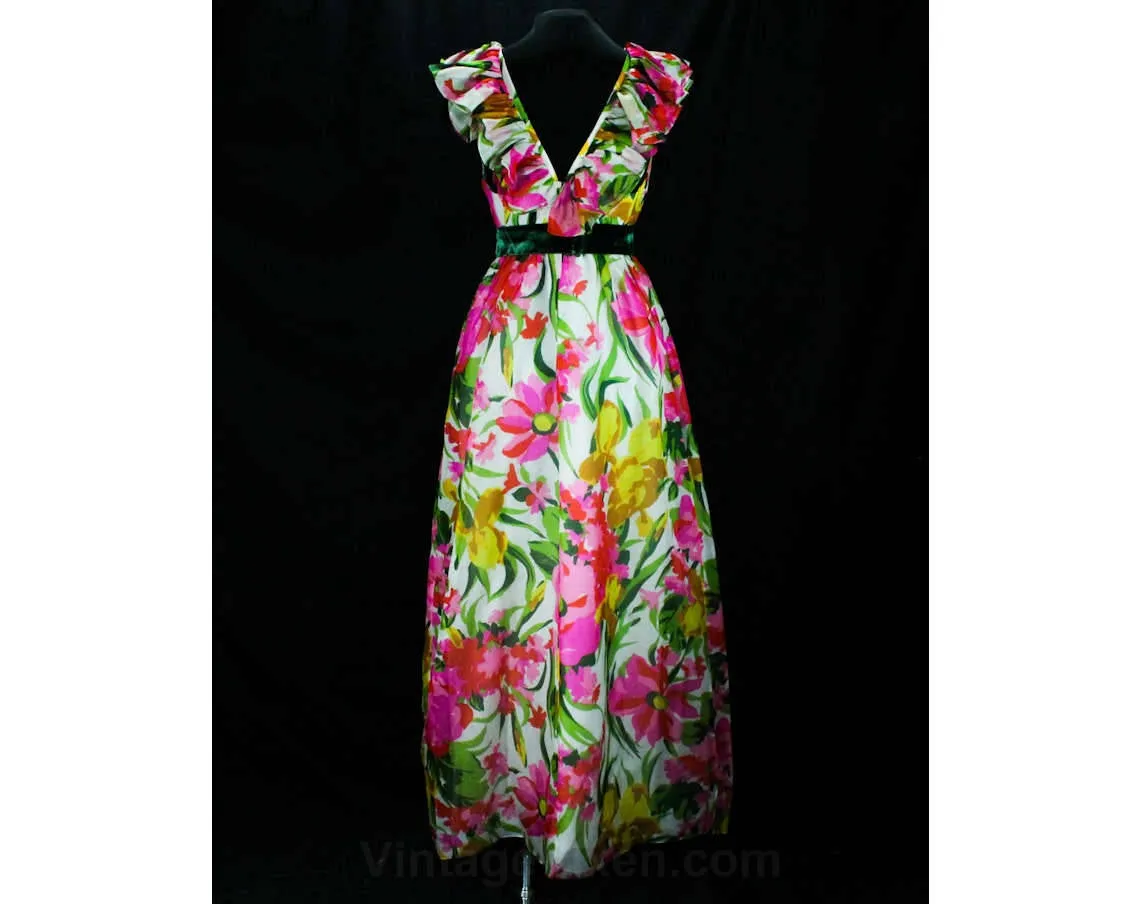Size 4 Summer Ball Gown - 1960s Tropical Silk Designer Evening Dress - Vivid Floral Organza & Velvet - Kiki Hart Elizabeth Arden - Bust 32.5