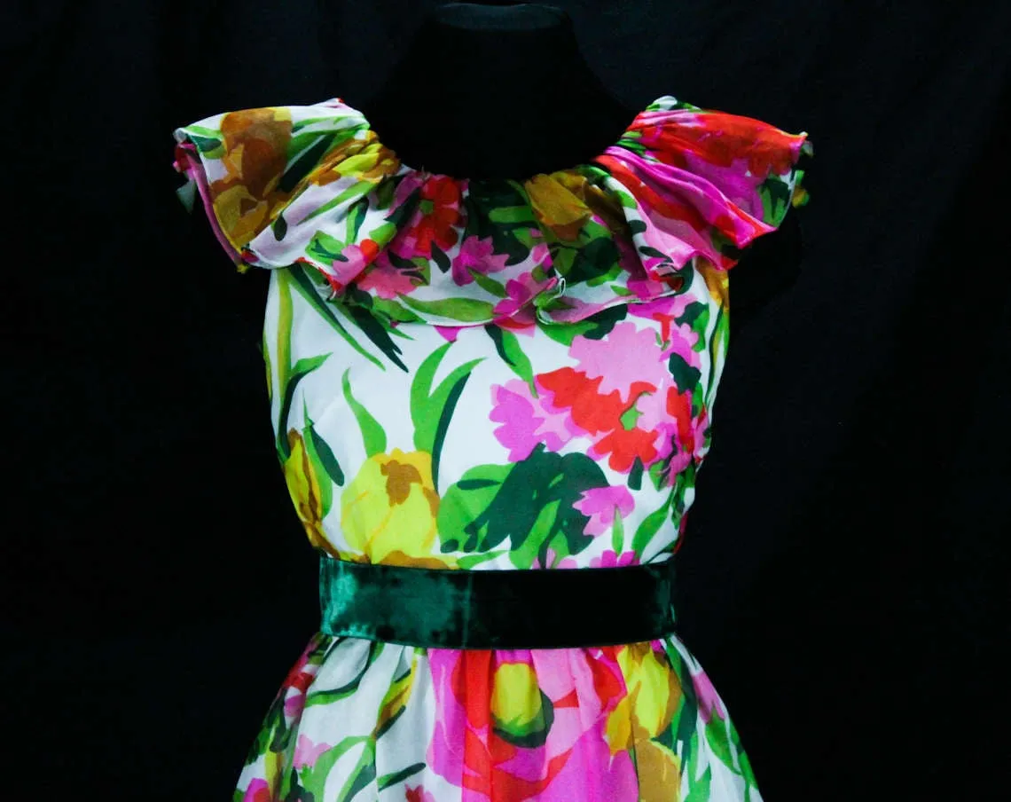 Size 4 Summer Ball Gown - 1960s Tropical Silk Designer Evening Dress - Vivid Floral Organza & Velvet - Kiki Hart Elizabeth Arden - Bust 32.5