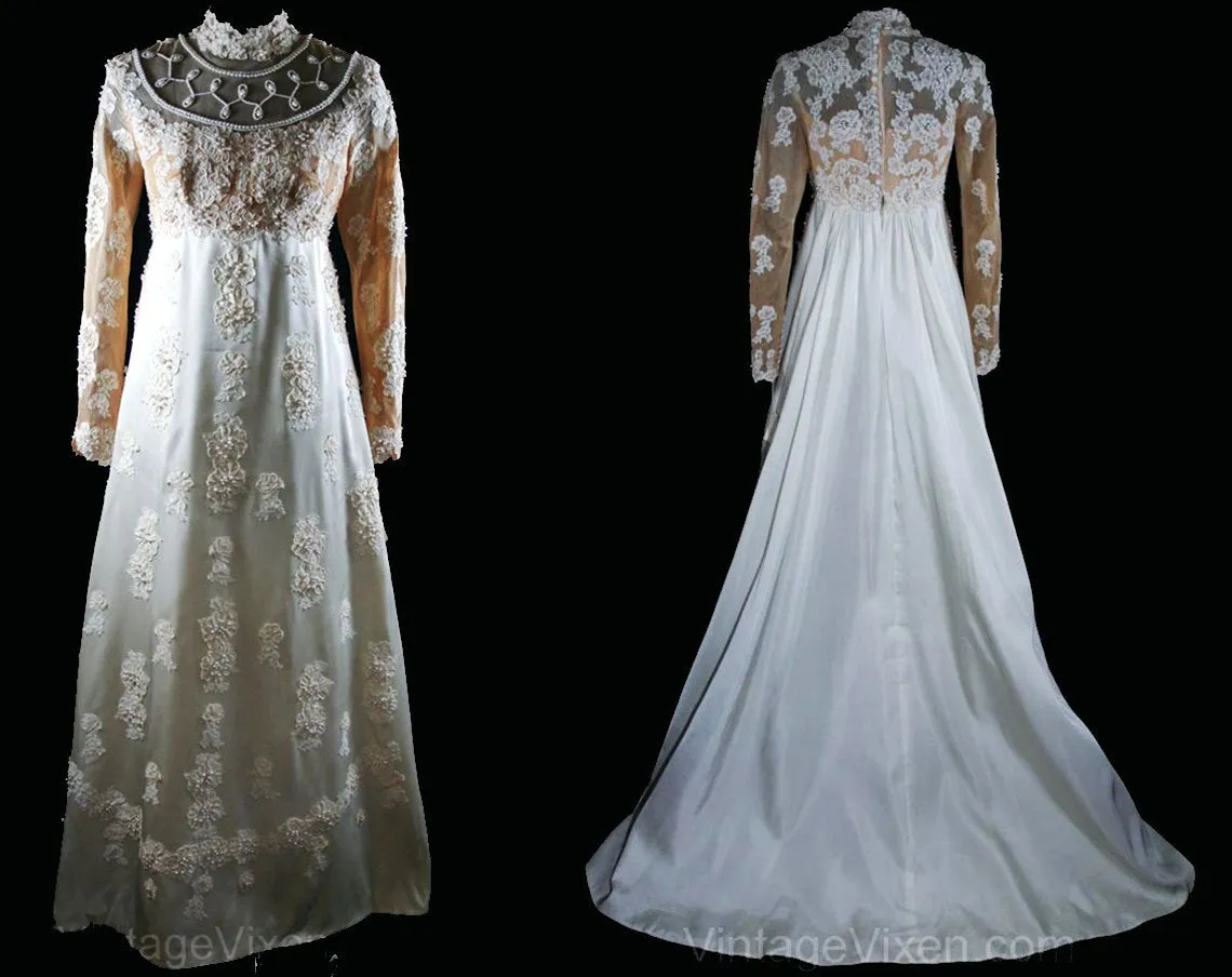 Size 4 Wedding Dress - Gorgeous Pearl & Lace Empire Bridal Gown by Priscilla of Boston - Small Bridal Dress with Train - Bust 33 - 34158-1
