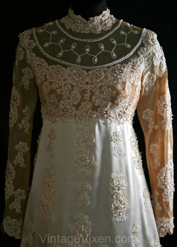 Size 4 Wedding Dress - Gorgeous Pearl & Lace Empire Bridal Gown by Priscilla of Boston - Small Bridal Dress with Train - Bust 33 - 34158-1