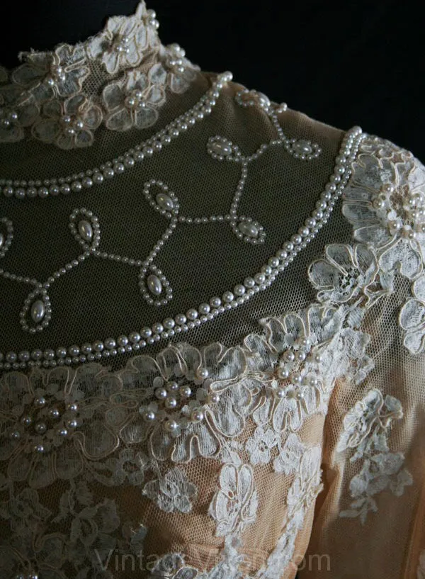Size 4 Wedding Dress - Gorgeous Pearl & Lace Empire Bridal Gown by Priscilla of Boston - Small Bridal Dress with Train - Bust 33 - 34158-1