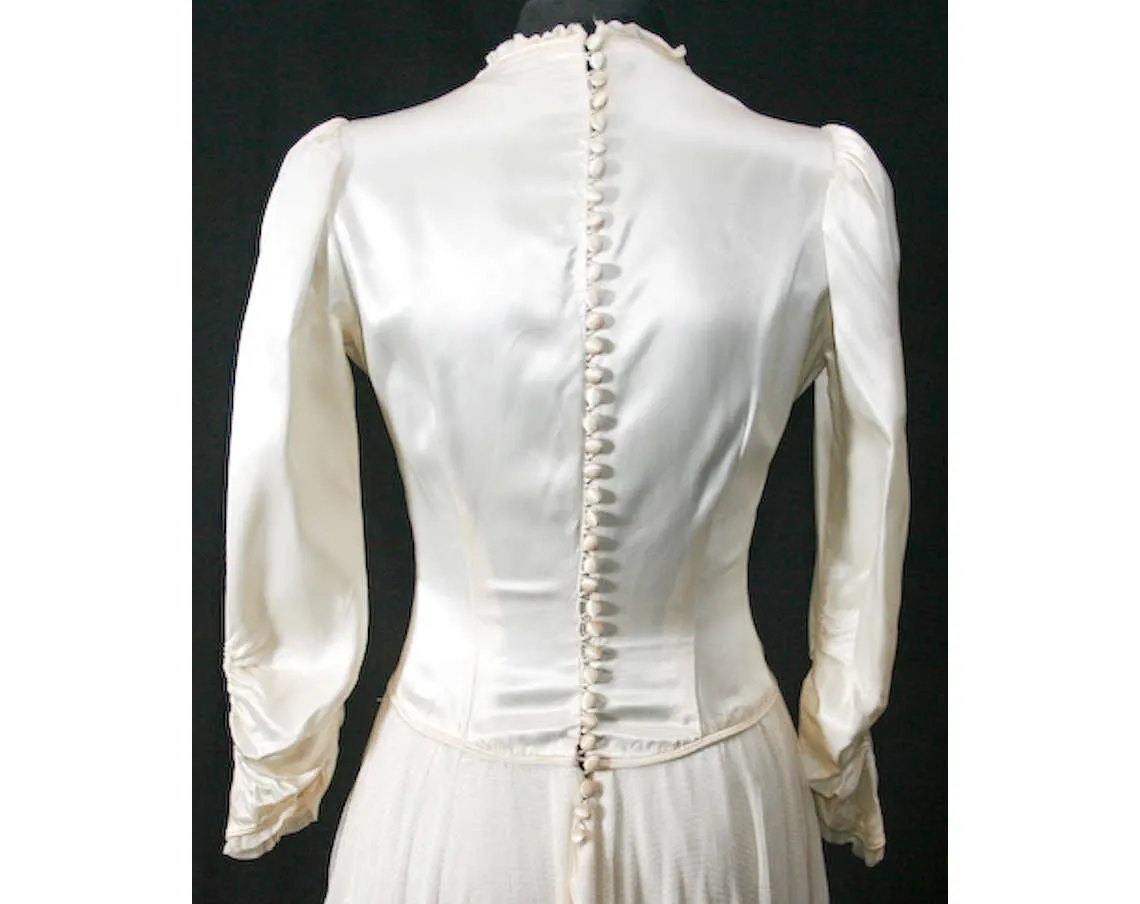 Size 4 Wedding Dress - Late 1930s Ivory Satin & Mesh Knit Bridal Gown - 30s 40s Innocent Wartime Beauty - Bust 33.5 - Waist 24.5 - 31836