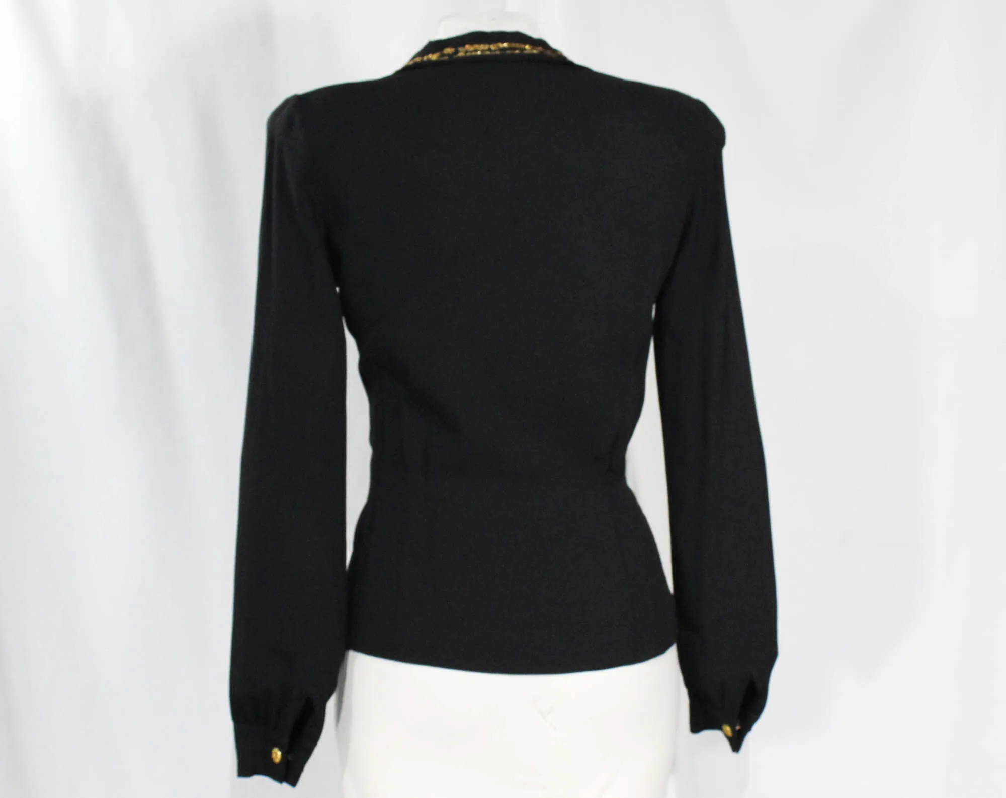 Size 6 1940s Blouse - Chic Black Crepe with Gold Sequined Emblem - WWII Era 40s Rayon Long Sleeved Shirt - Glam Sequin Top - Bust 34.5