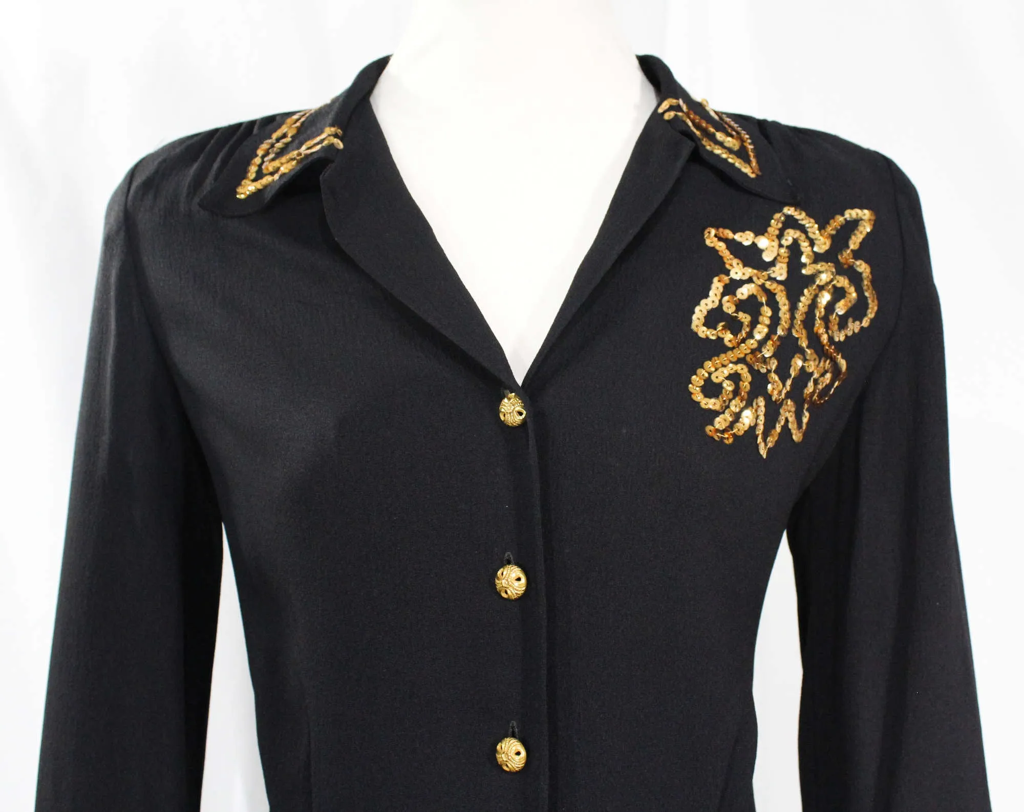 Size 6 1940s Blouse - Chic Black Crepe with Gold Sequined Emblem - WWII Era 40s Rayon Long Sleeved Shirt - Glam Sequin Top - Bust 34.5