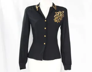 Size 6 1940s Blouse - Chic Black Crepe with Gold Sequined Emblem - WWII Era 40s Rayon Long Sleeved Shirt - Glam Sequin Top - Bust 34.5