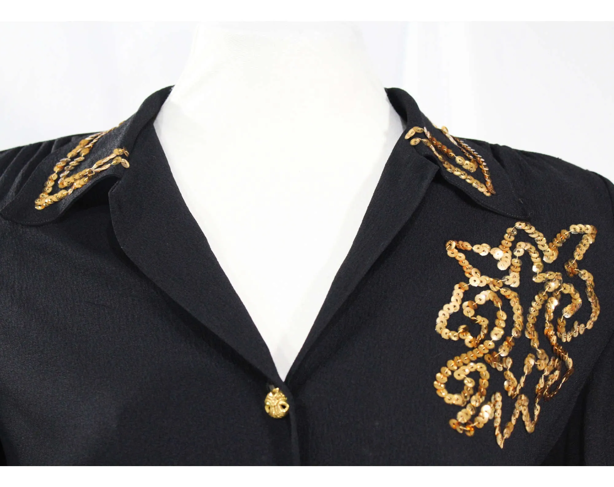 Size 6 1940s Blouse - Chic Black Crepe with Gold Sequined Emblem - WWII Era 40s Rayon Long Sleeved Shirt - Glam Sequin Top - Bust 34.5