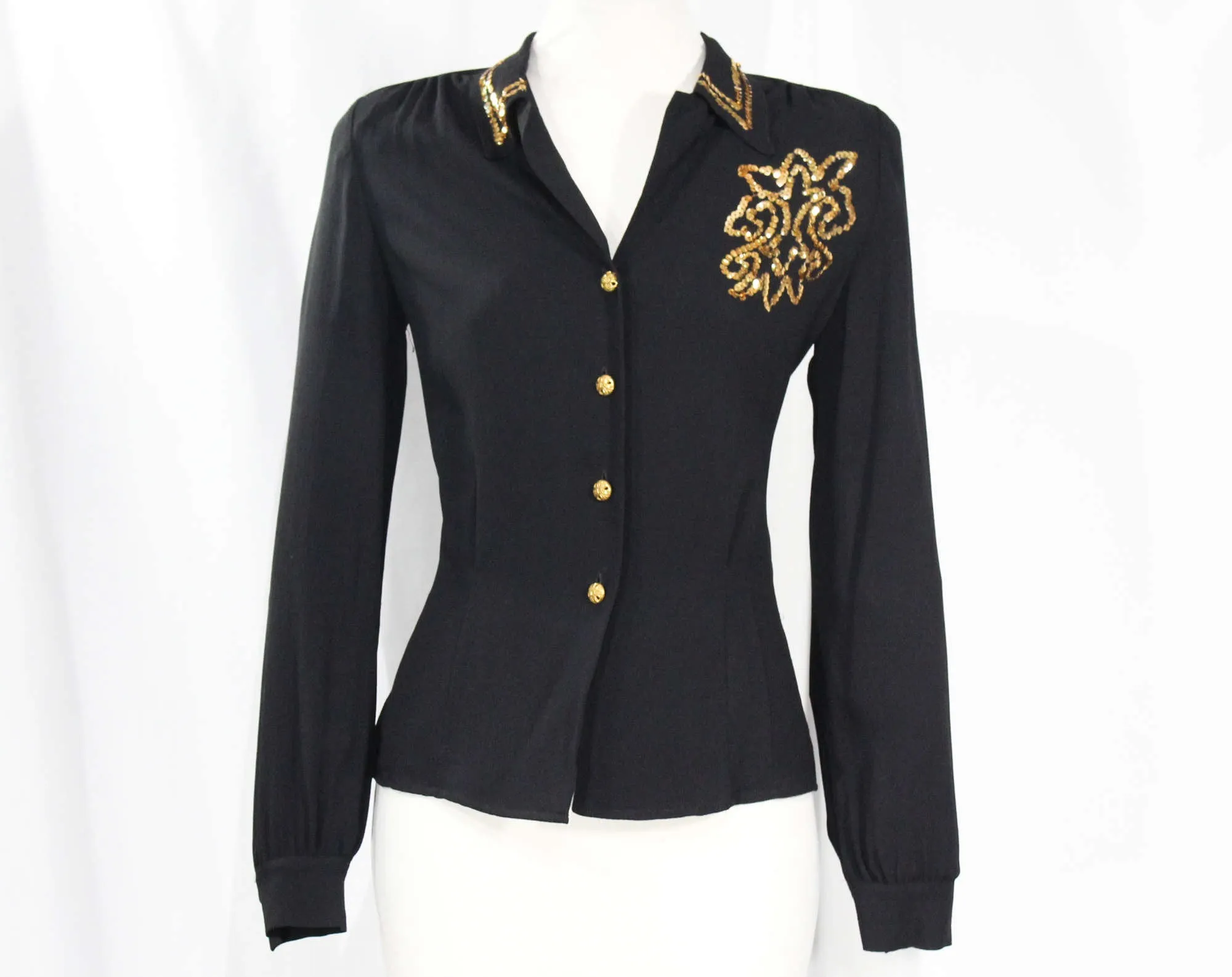 Size 6 1940s Blouse - Chic Black Crepe with Gold Sequined Emblem - WWII Era 40s Rayon Long Sleeved Shirt - Glam Sequin Top - Bust 34.5