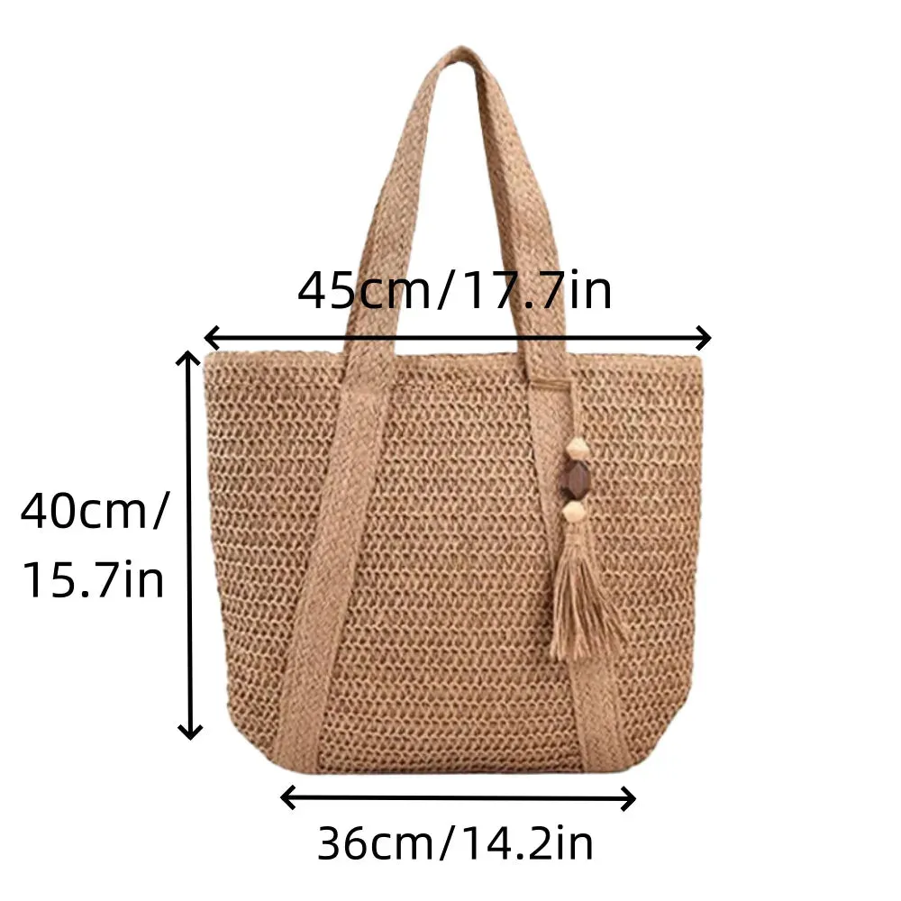 UAKISS  - 2024 Summer Woven Shoulder Bag Forest Casual Peach Wood Tassel Woven Bag Fashion Beach Large Capacity Grass Woven Handbag